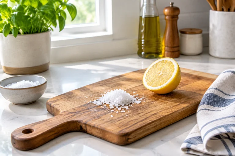 Wooden cutting board with salt and lemon for odor removal
