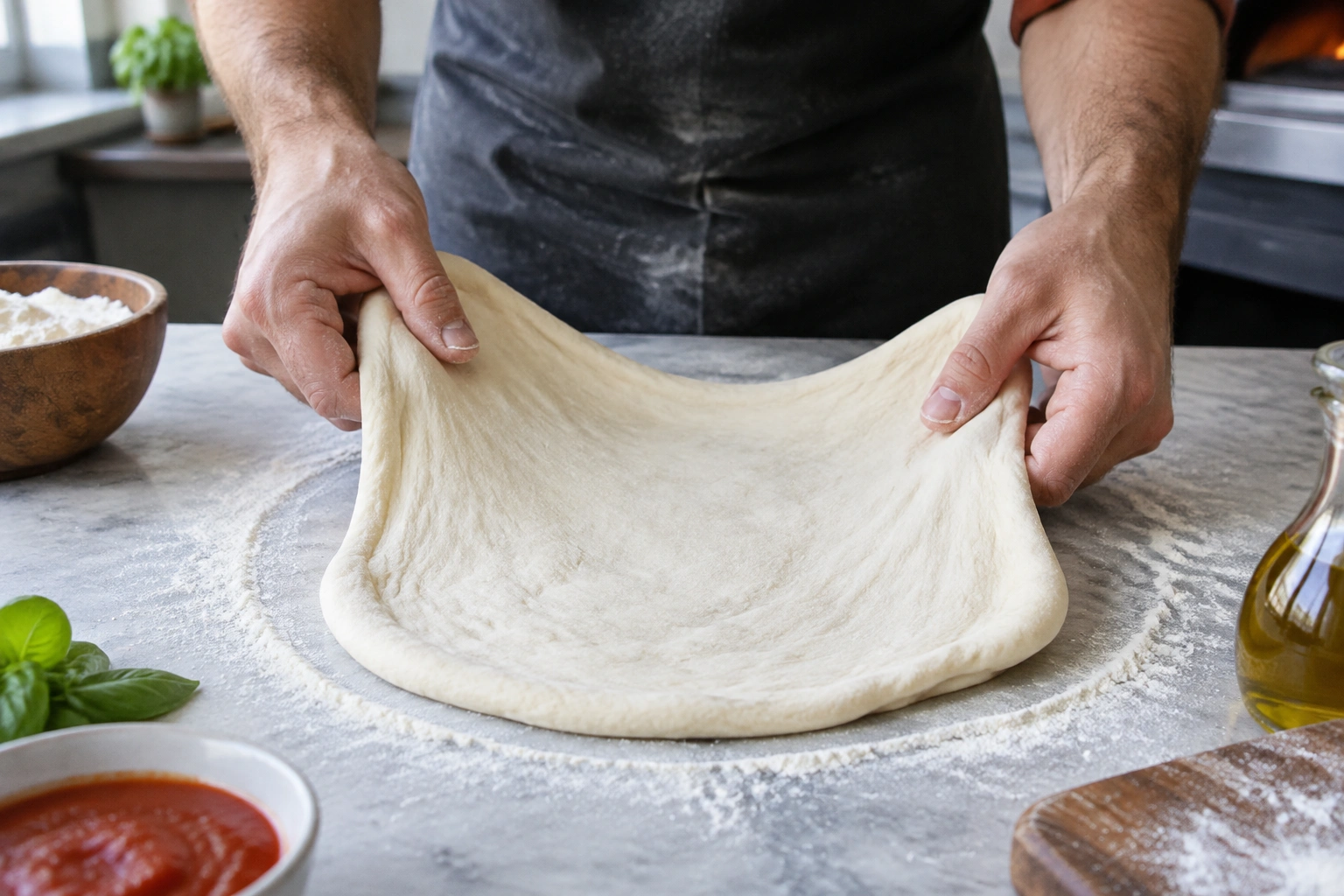 Hands gently stretching pizza dough over a lightly floured surface