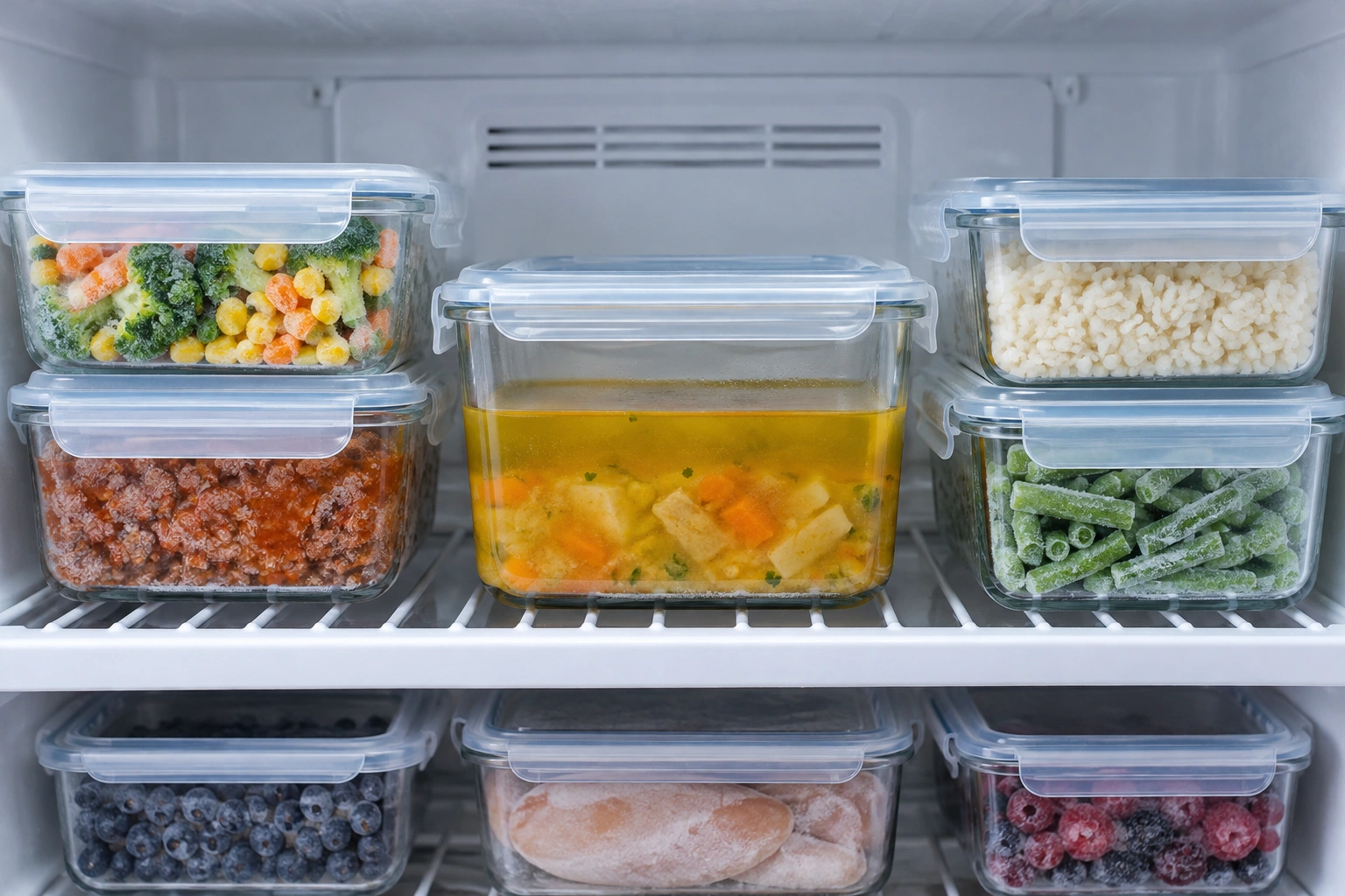 Glass food storage containers with freezer-safe lids arranged in a freezer