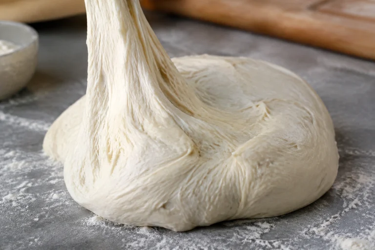 Close-up of bread dough showing elastic gluten structure
