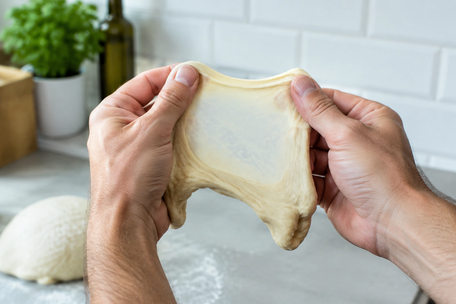 Hands stretching a small piece of bread dough thinly to test gluten development