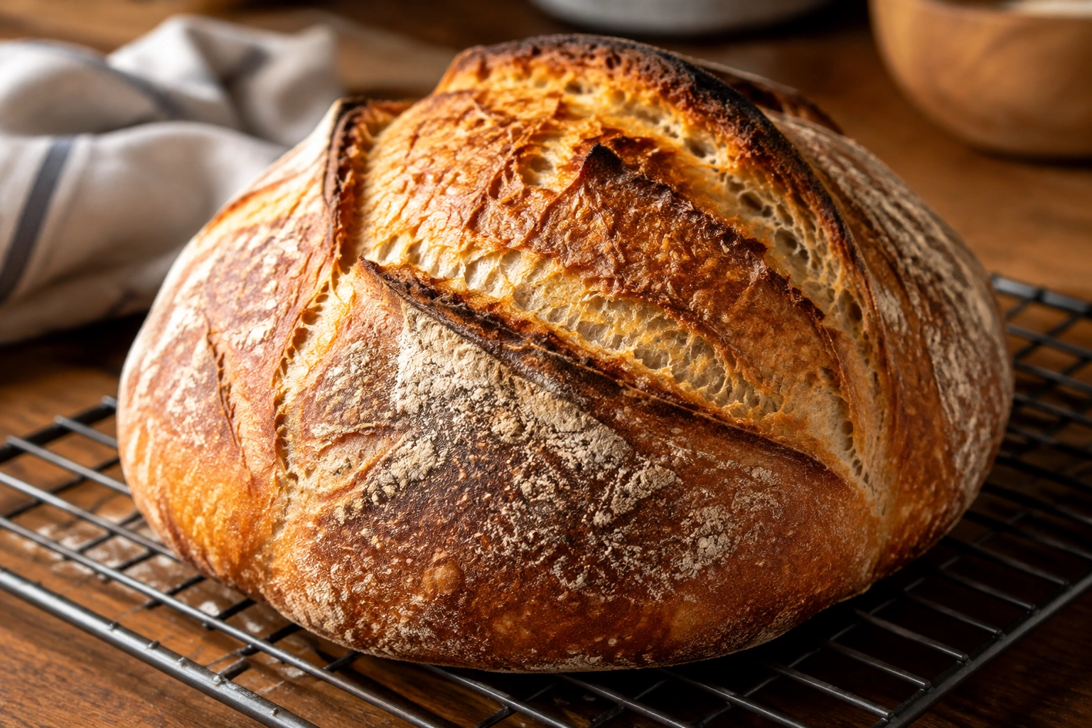 Golden-brown loaf of bread on a cooling rack