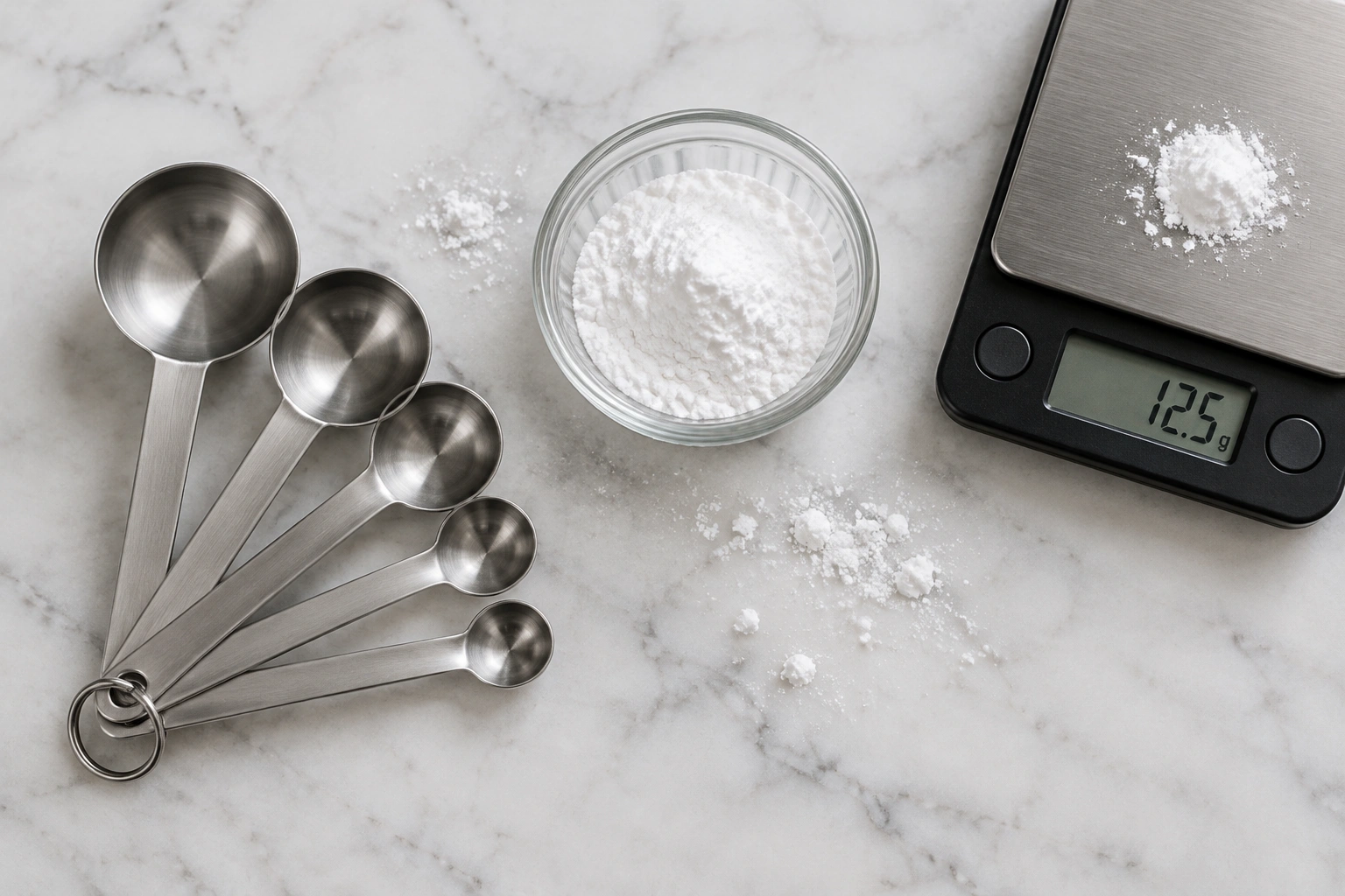 Small dish of baking powder with nested measuring spoons and a scale showing grams