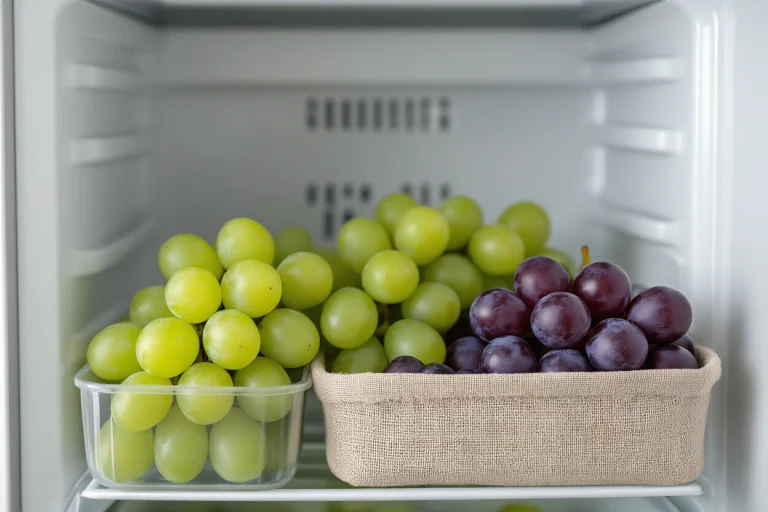 Grapes stored in a refrigerator produce drawer in a breathable container