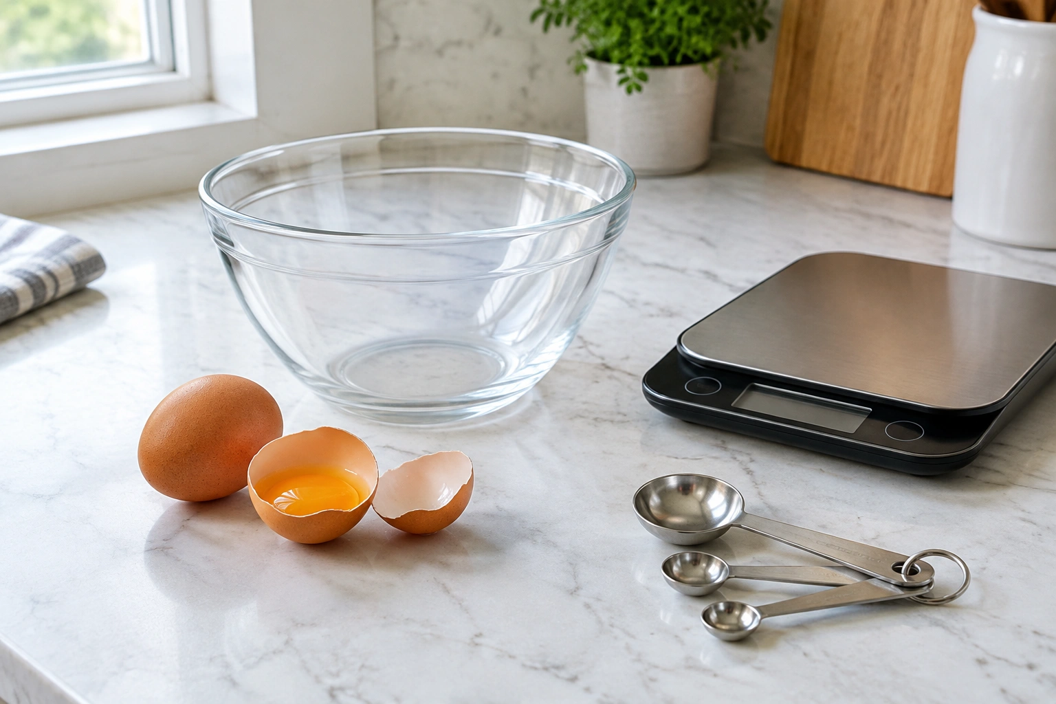 Baking tools and a cracked egg in a mixing bowl