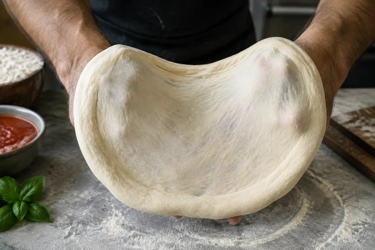 Hands stretching pizza dough over knuckles to form a round base