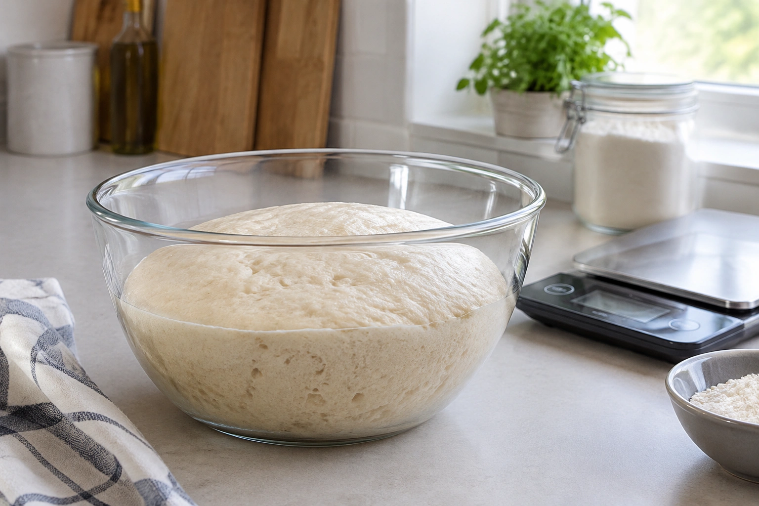 Clear bowl of bread dough rising on a kitchen counter