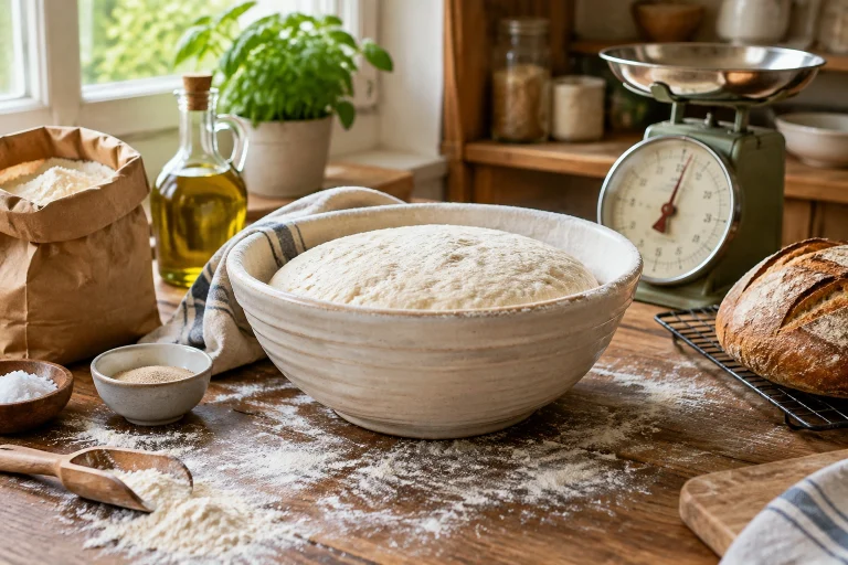 Rustic loaf ingredients and a bowl of bread dough on a wooden work surface