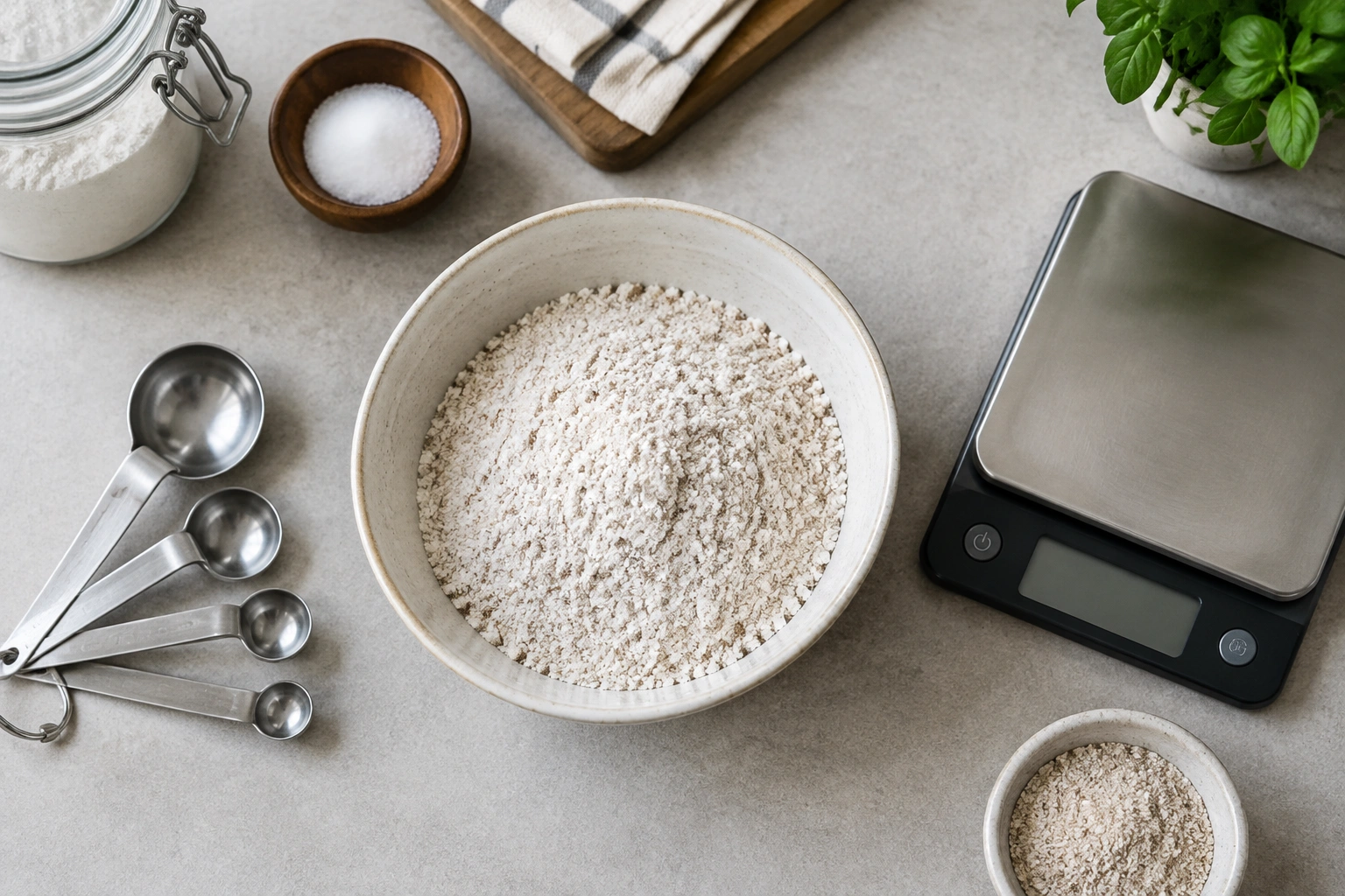 Bowl of mixed all-purpose flour and vital wheat gluten beside measuring spoons and a kitchen scale.