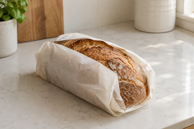 A cooled homemade loaf wrapped for short-term storage on a counter