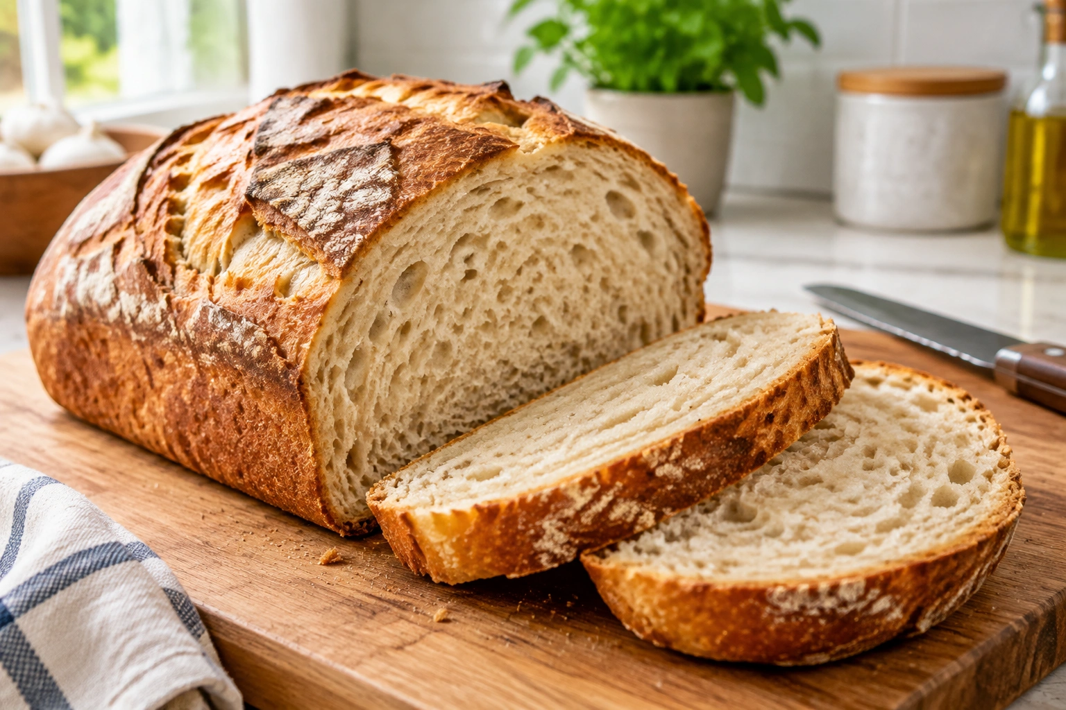 Close-up of sliced homemade bread showing crumb texture and crust