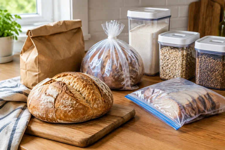 Three storage options for homemade bread shown side by side