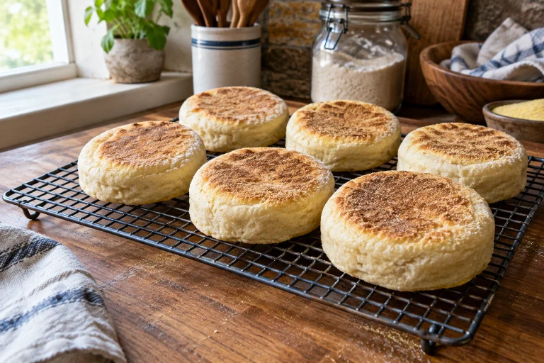 A tray of homemade English muffins cooling on a rack