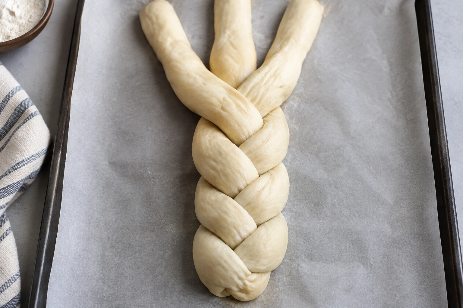 Three strands of bread dough braided into a loaf on parchment paper