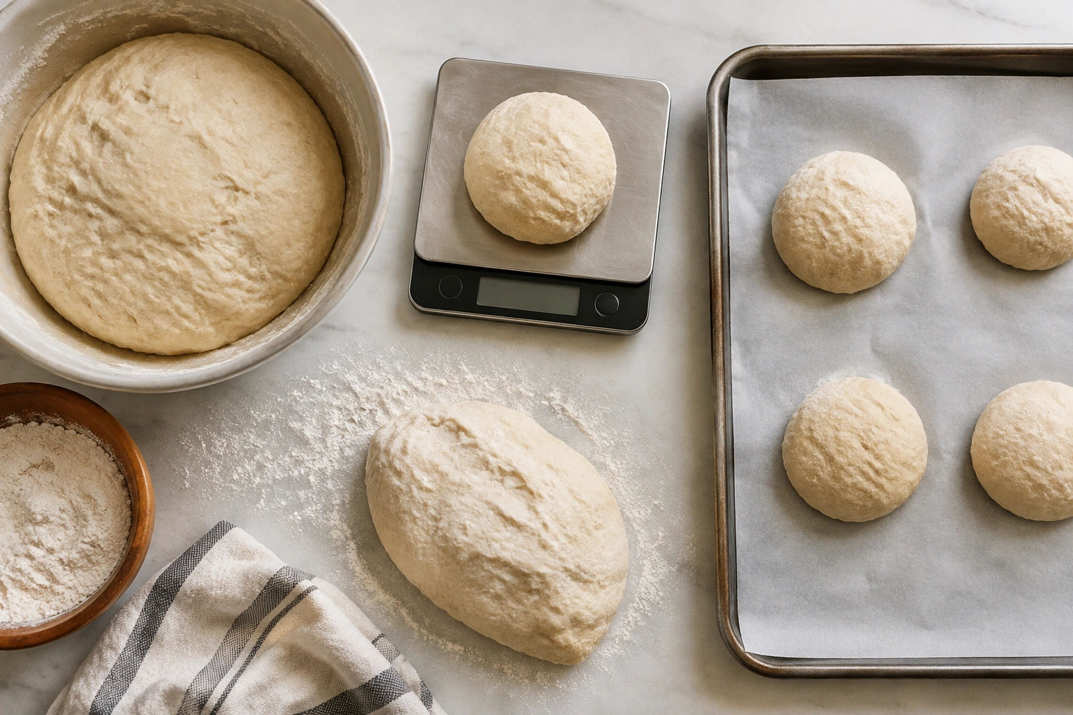 Bread dough, kitchen scale, parchment paper, and baking sheet arranged for braiding