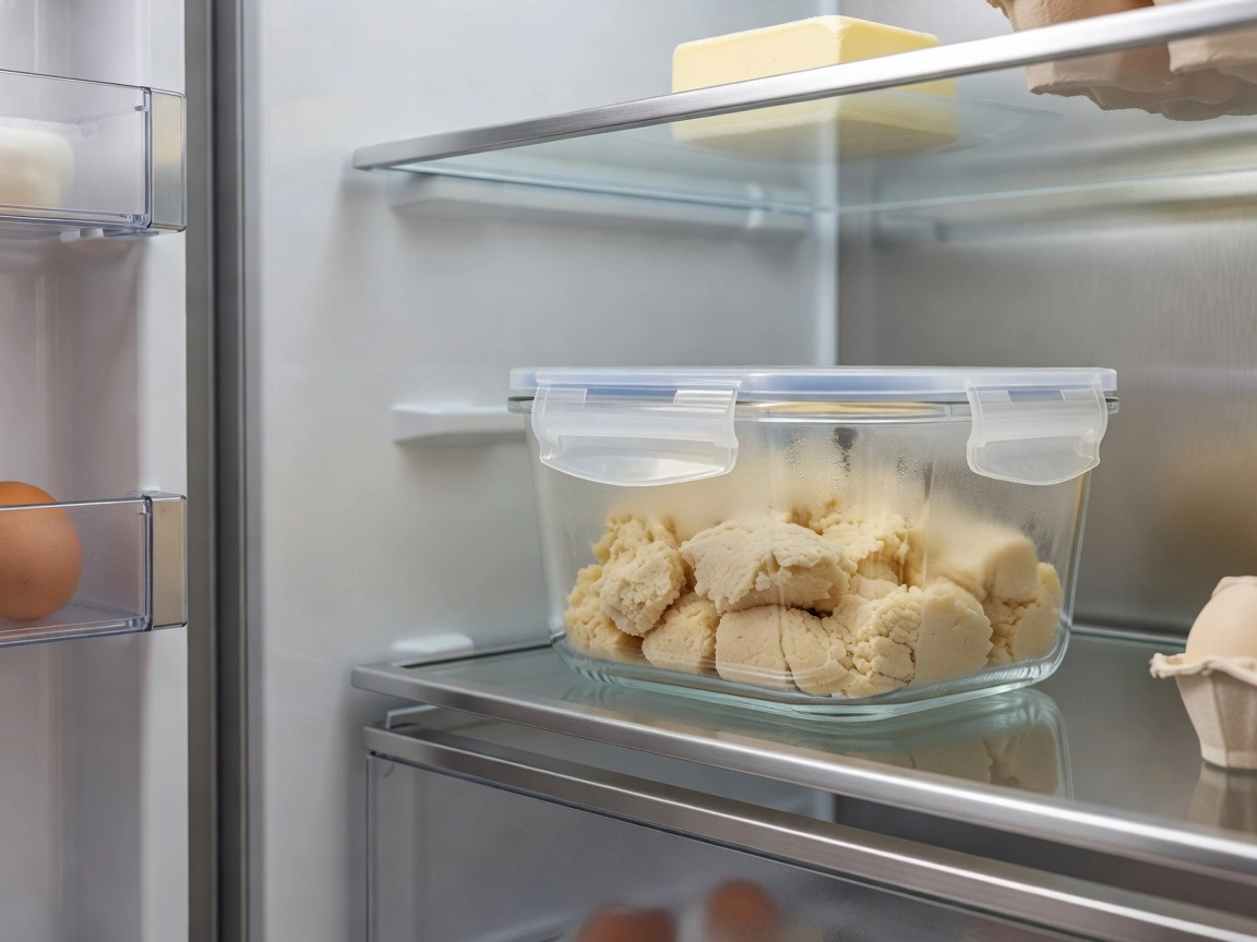 Covered cookie dough in an airtight container inside a refrigerator