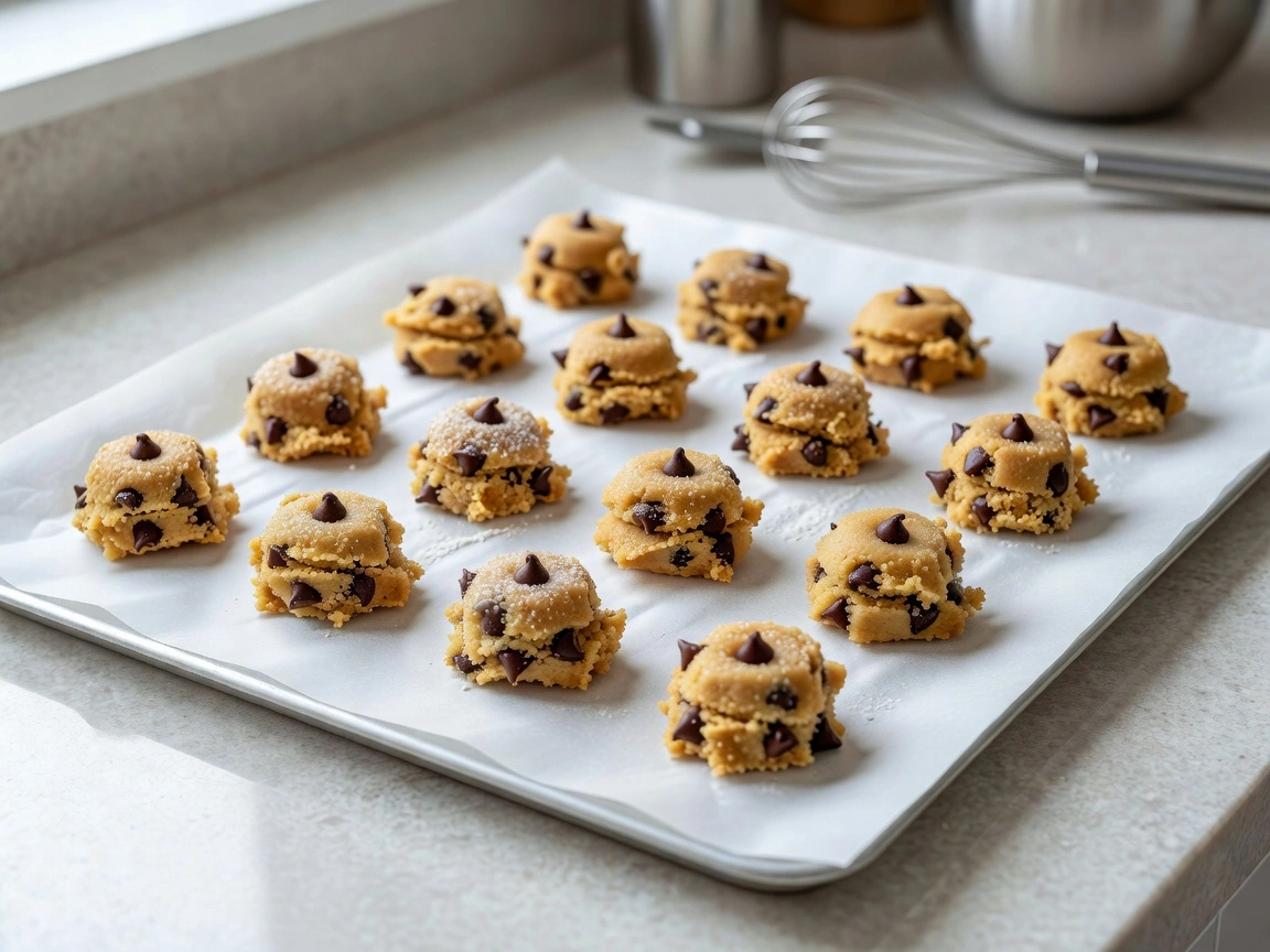 Scooped cookie dough portions arranged on a baking sheet