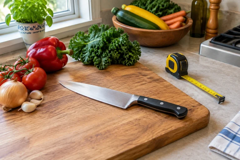 Kitchen knife on a cutting board with measuring tape and simple prep ingredients