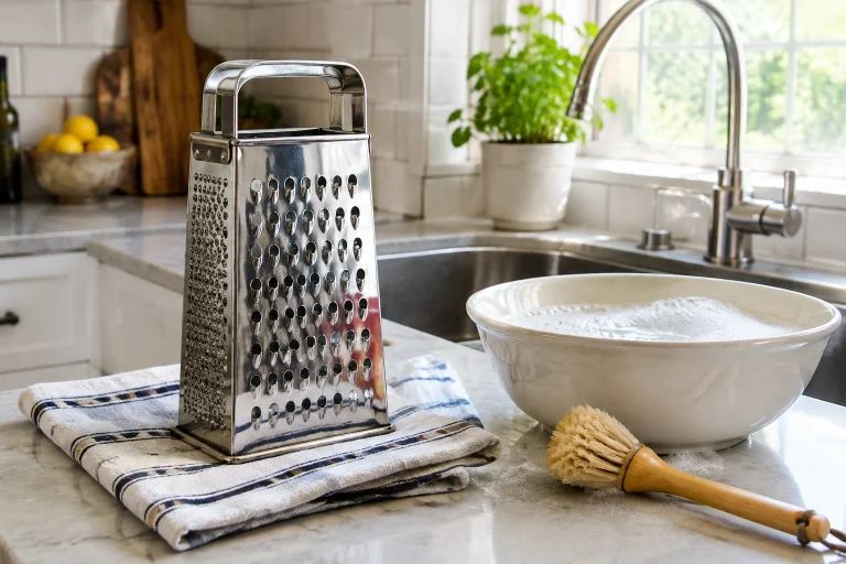 Stainless steel box grater on a towel