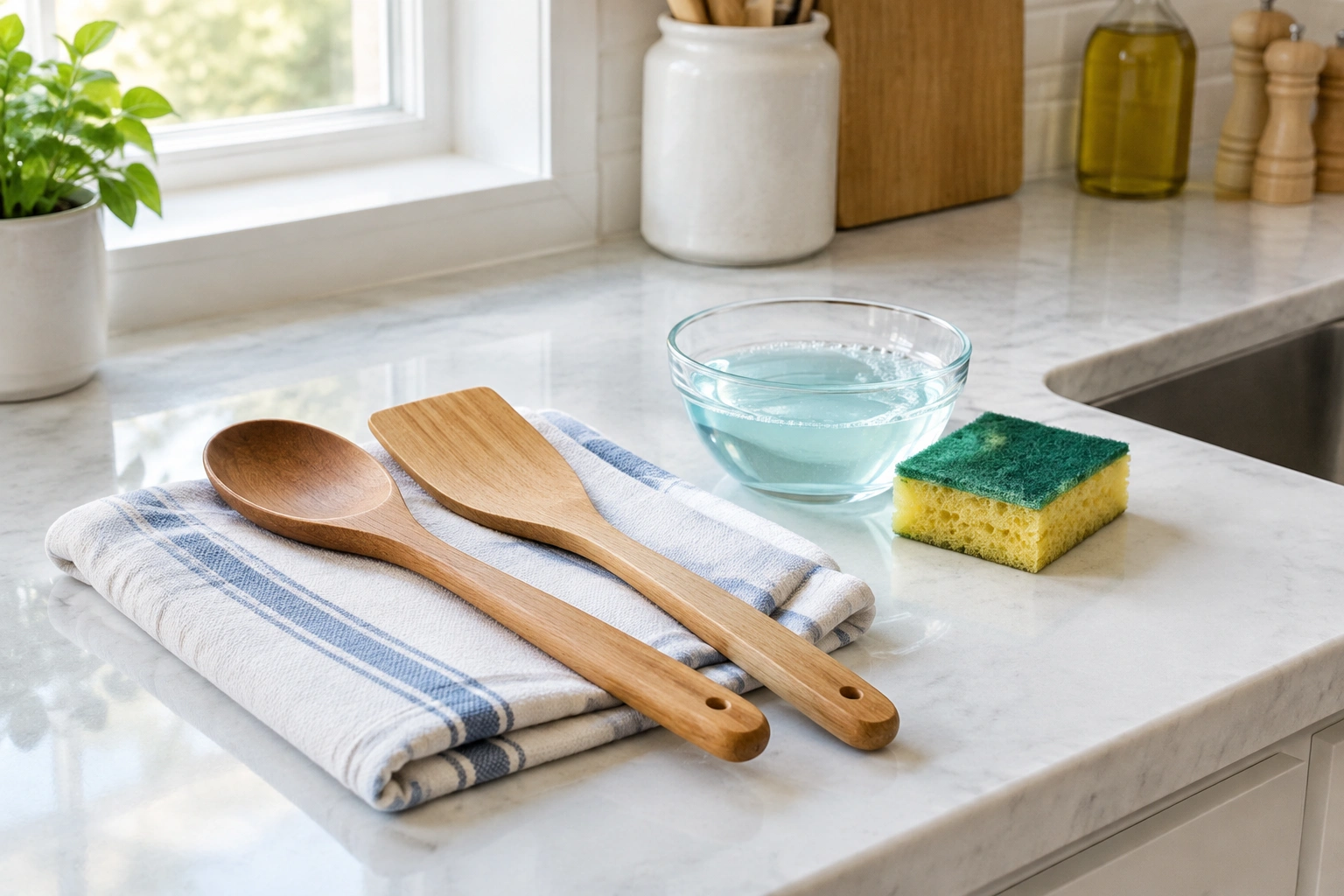 Wooden spoon and spatula drying on a clean kitchen towel
