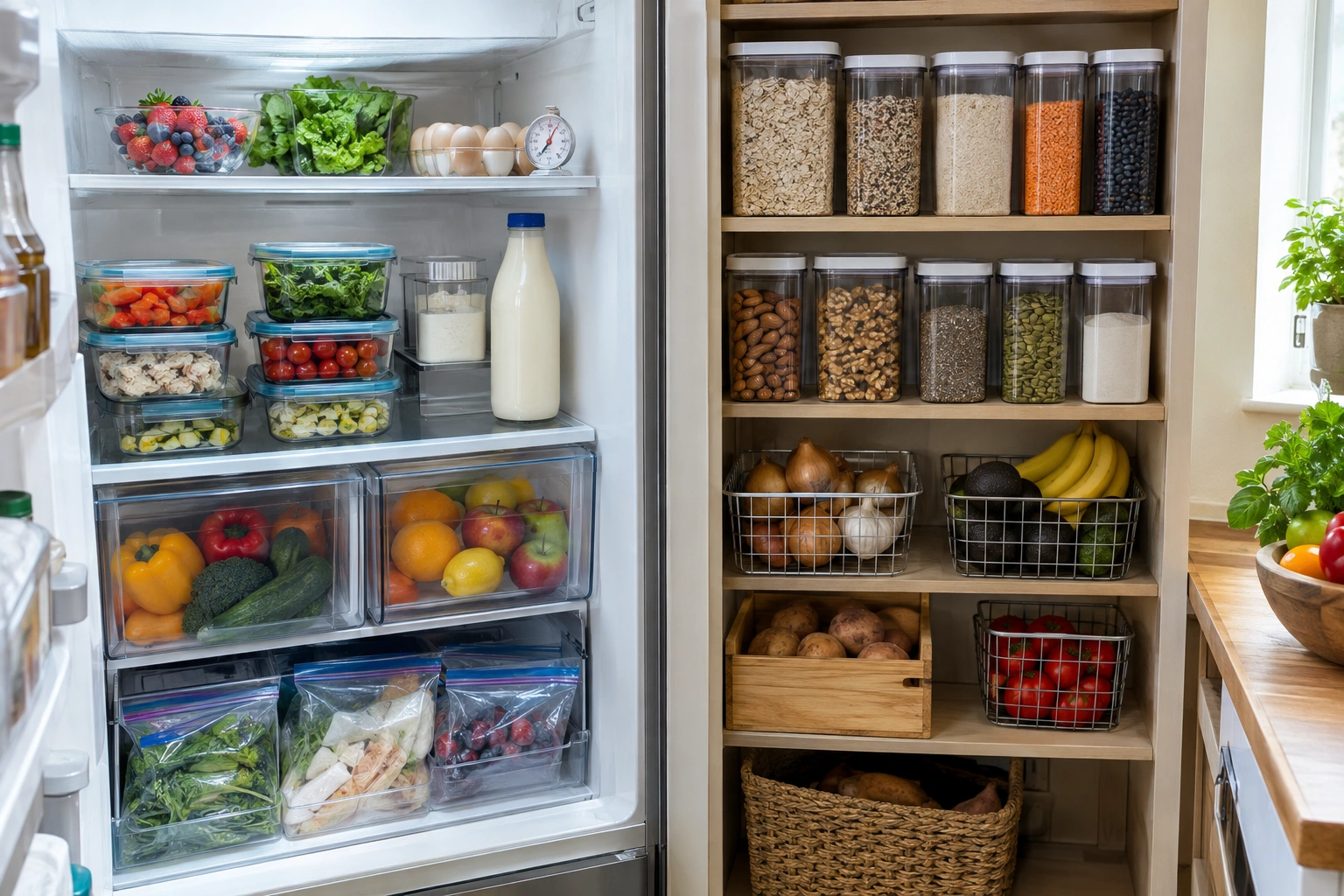 Organized kitchen storage with labeled containers, produce, and airtight bins