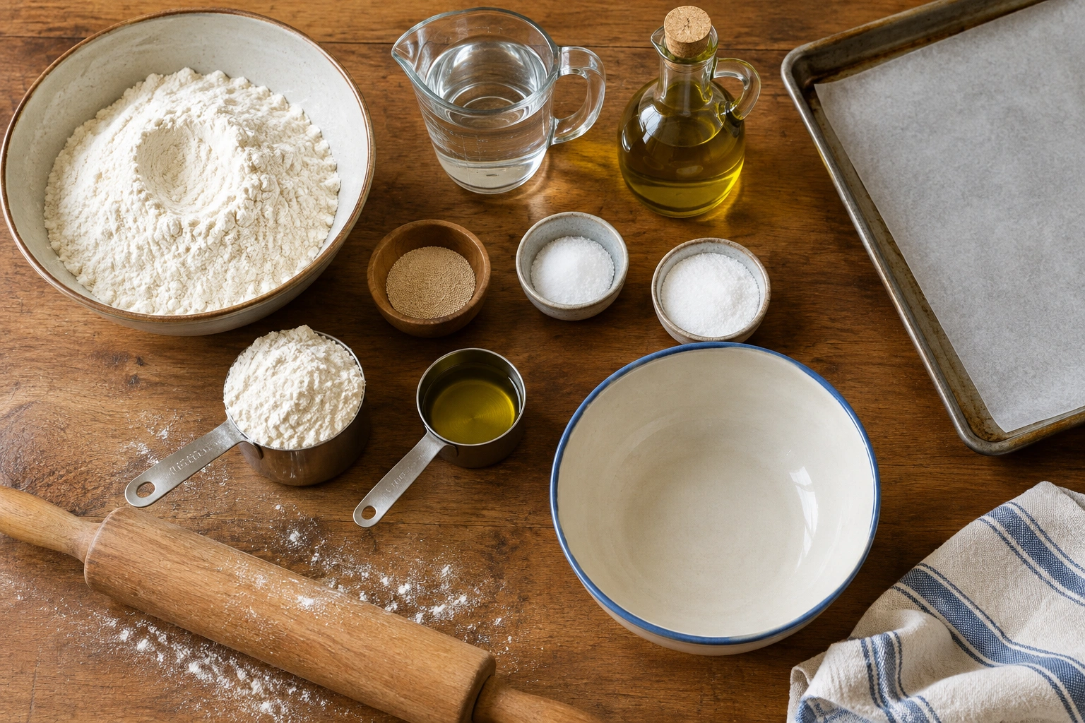 Ingredients and baking tools arranged for homemade pita bread