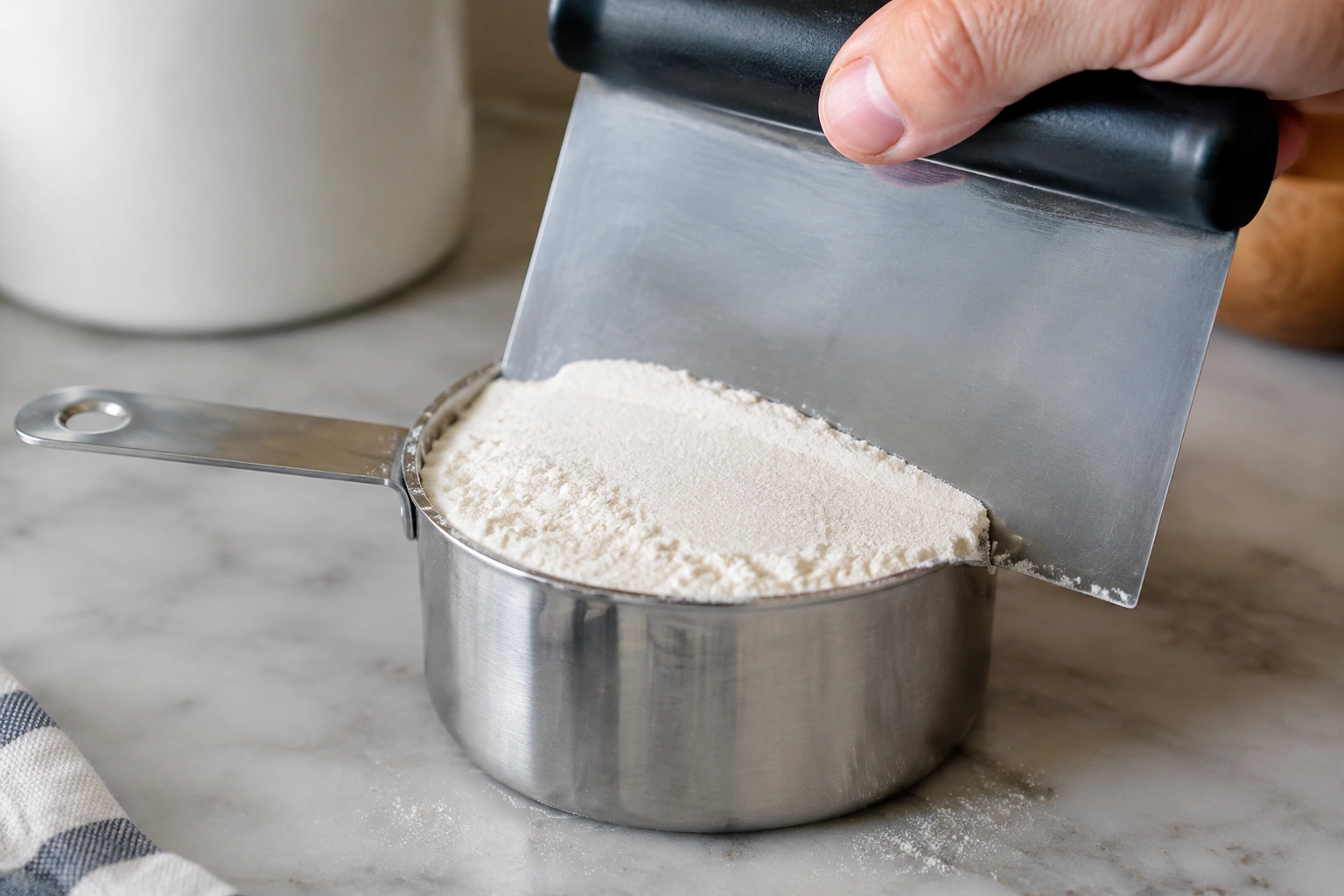 Measuring cup of flour being leveled with a straight edge