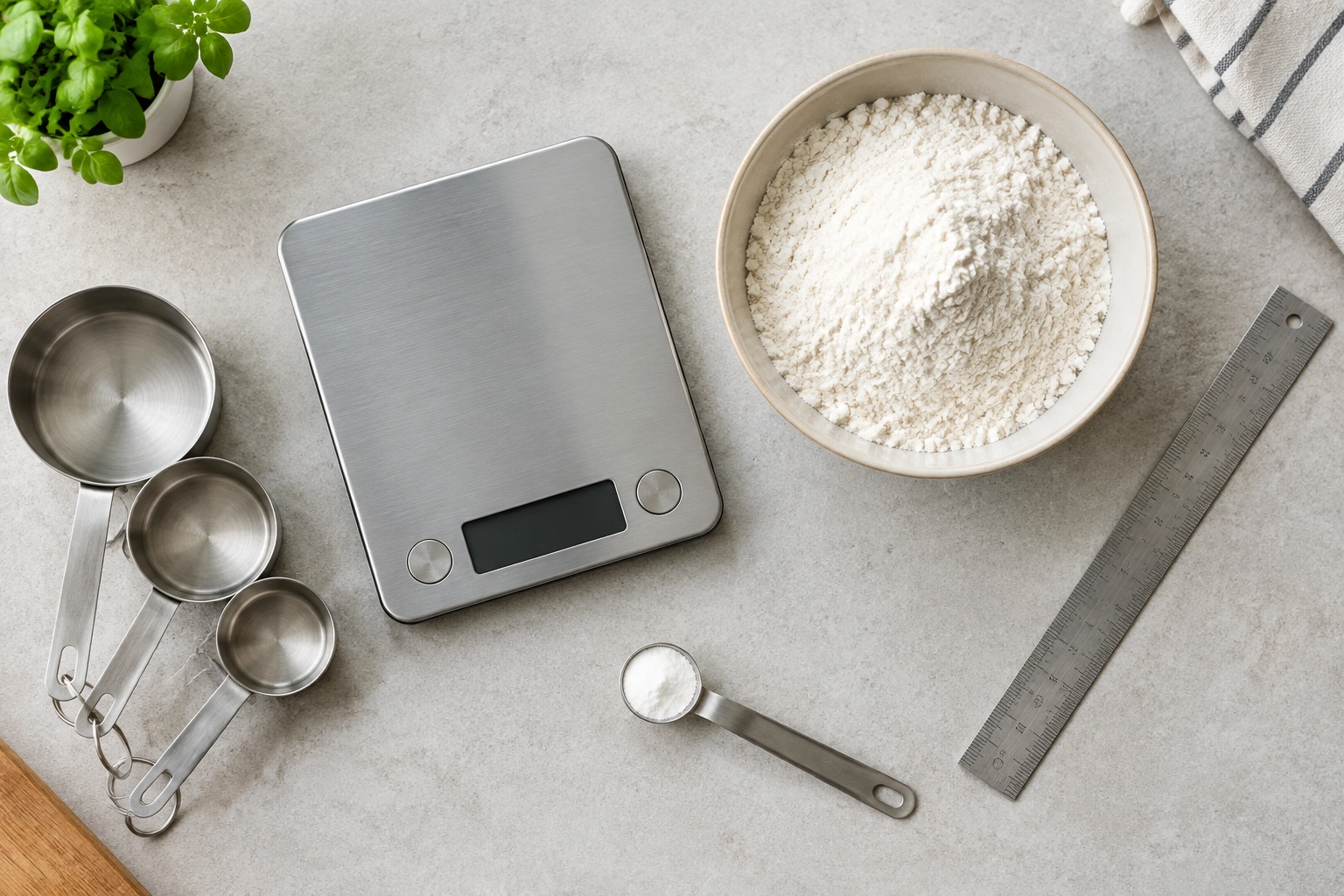 Kitchen scale with flour and measuring tools on a counter