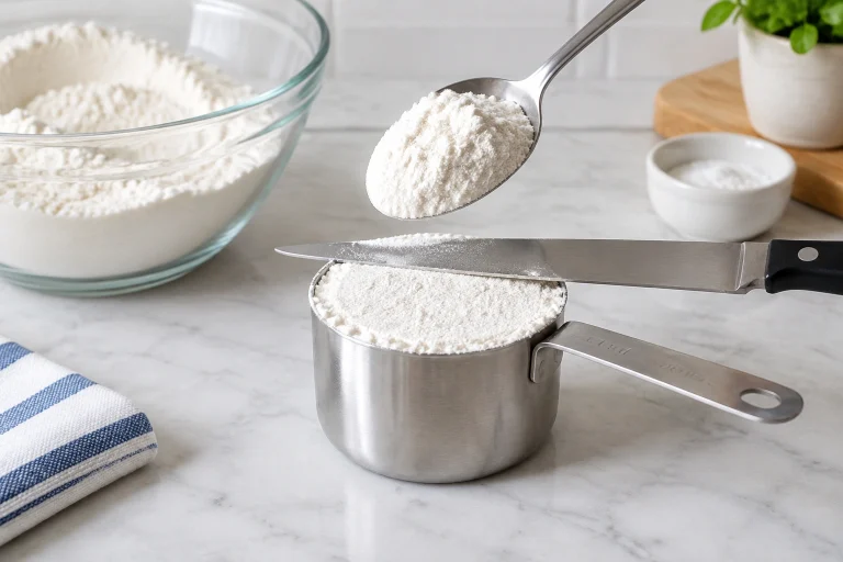 Dry measuring cup being filled with flour by spoon and leveled with a knife