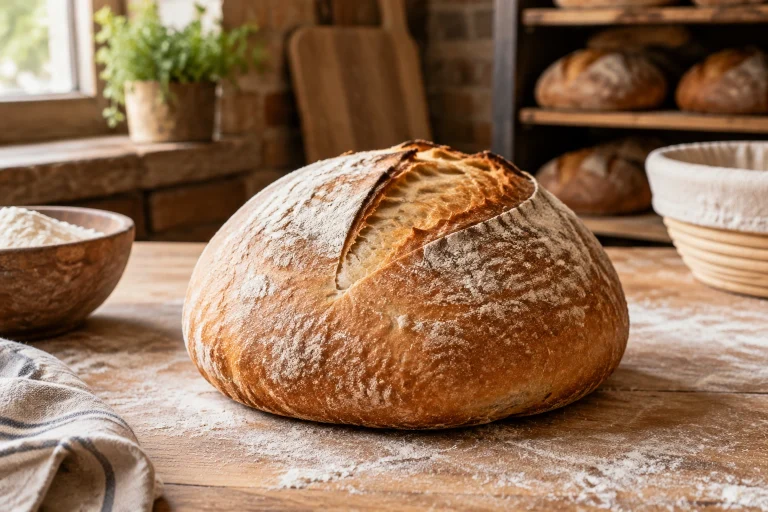 Round artisan bread dough shaped into a taut boule on a work surface