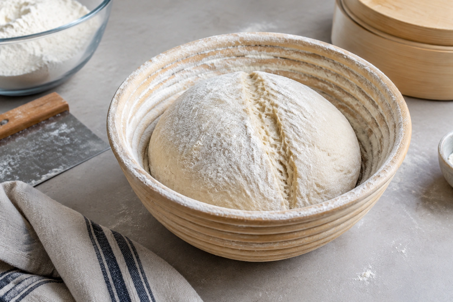 Artisan bread dough boule placed seam-side up in a floured banneton