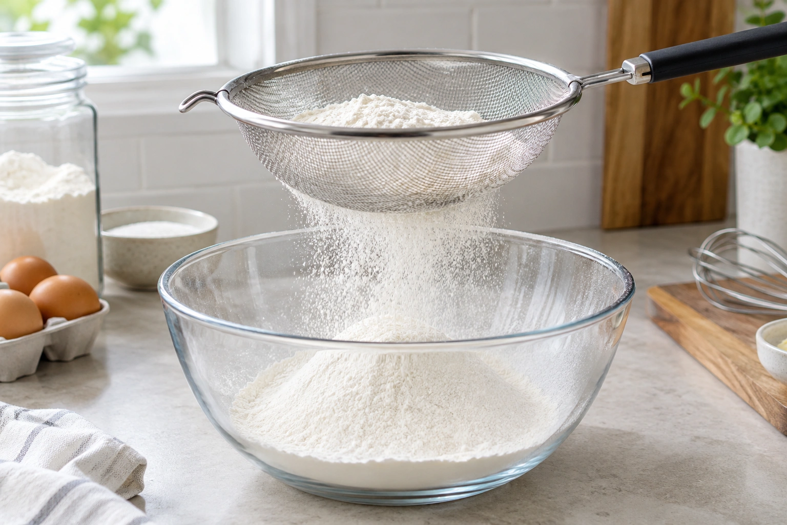A fine-mesh strainer sifting flour into a mixing bowl