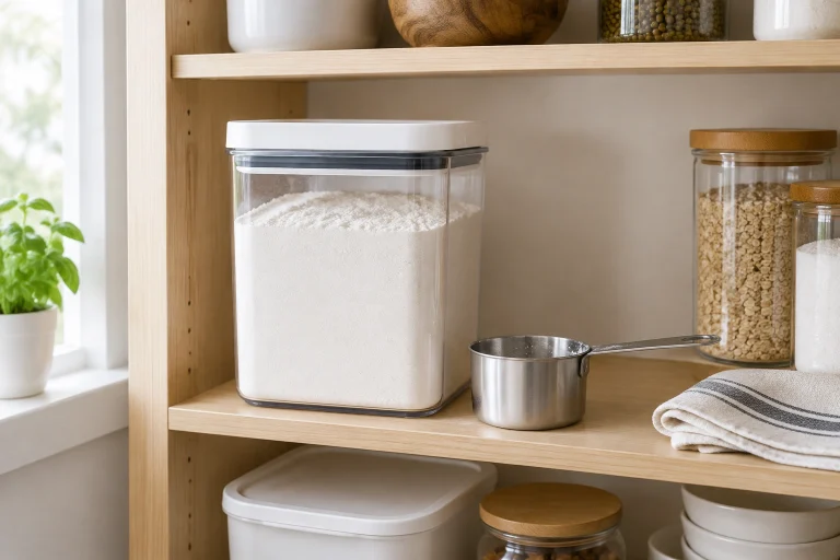 Sealed container of all-purpose flour stored neatly for freshness