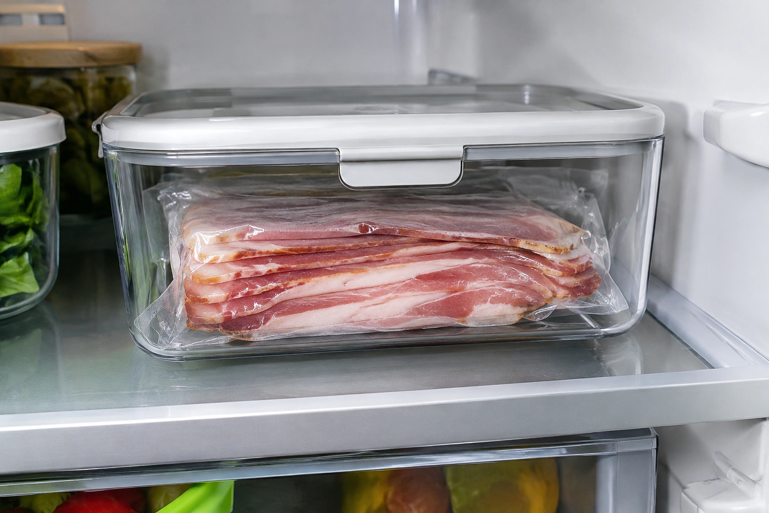 Sealed package of bacon stored in an airtight container in a refrigerator