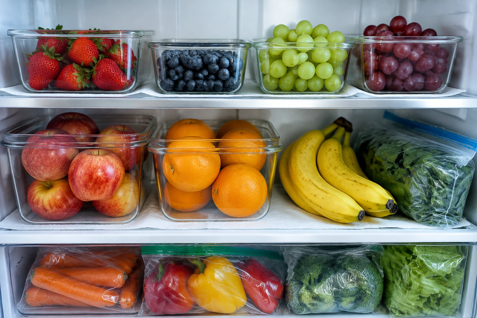 Clean refrigerator shelf with assorted fruit in containers and paper towels