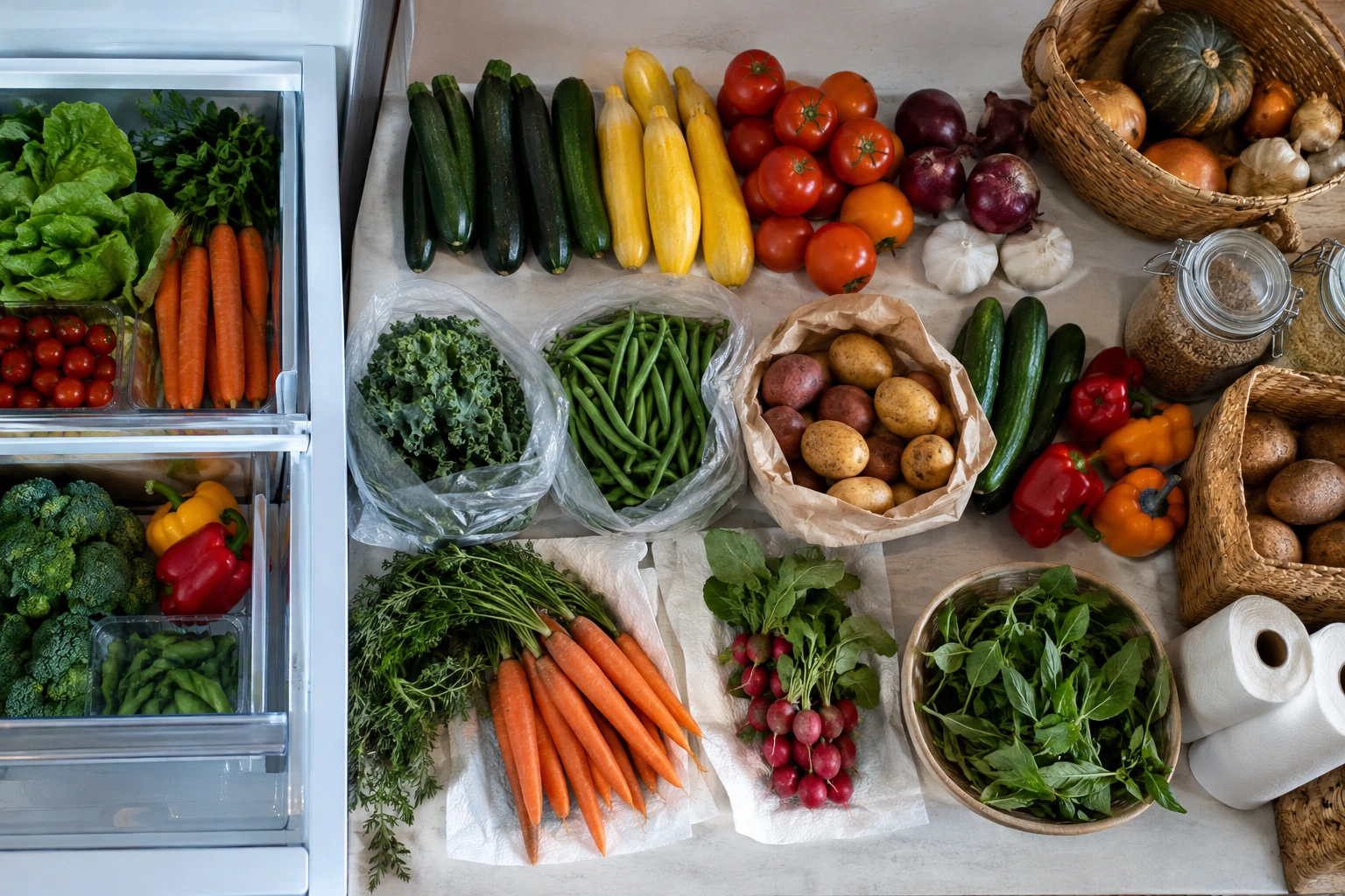 Assorted garden vegetables arranged for fridge, counter, and pantry storage