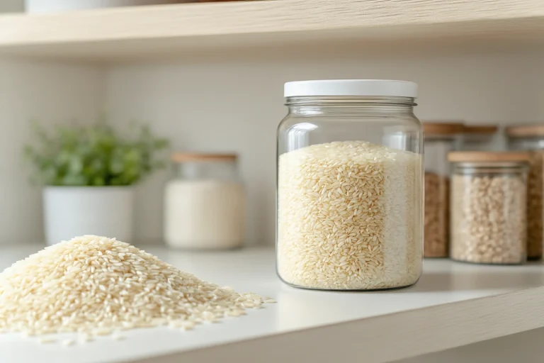 Airtight food-safe container of uncooked rice stored in a pantry