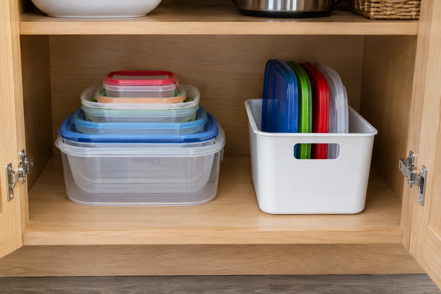 Organized kitchen cabinet with nested food containers and separated lids