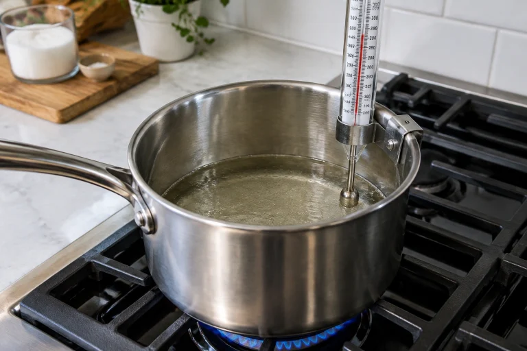 Clip-on candy thermometer positioned in a saucepan without touching the bottom