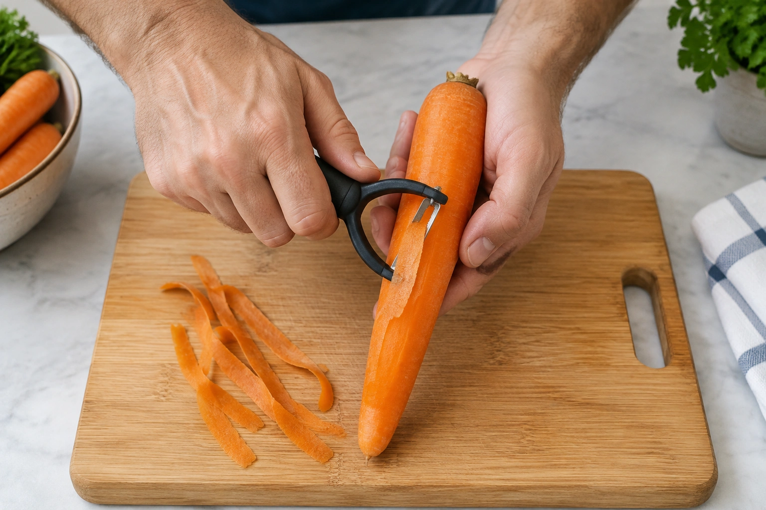 Hands using a kitchen peeler on a carrot over a cutting board
