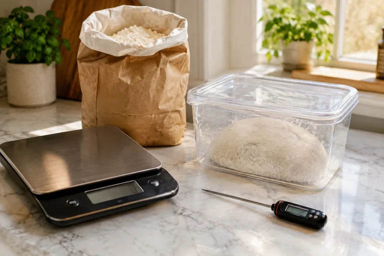 Bread baking tools on a kitchen counter for humid-weather dough control
