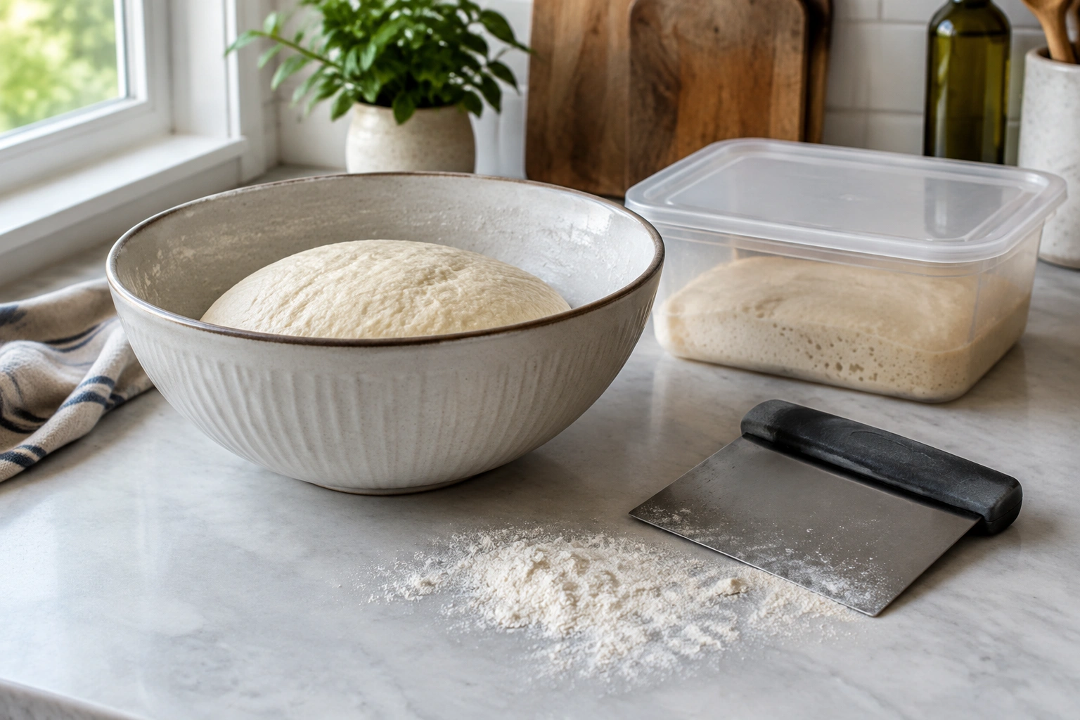 Bowl of dough with bench scraper and flour on a countertop