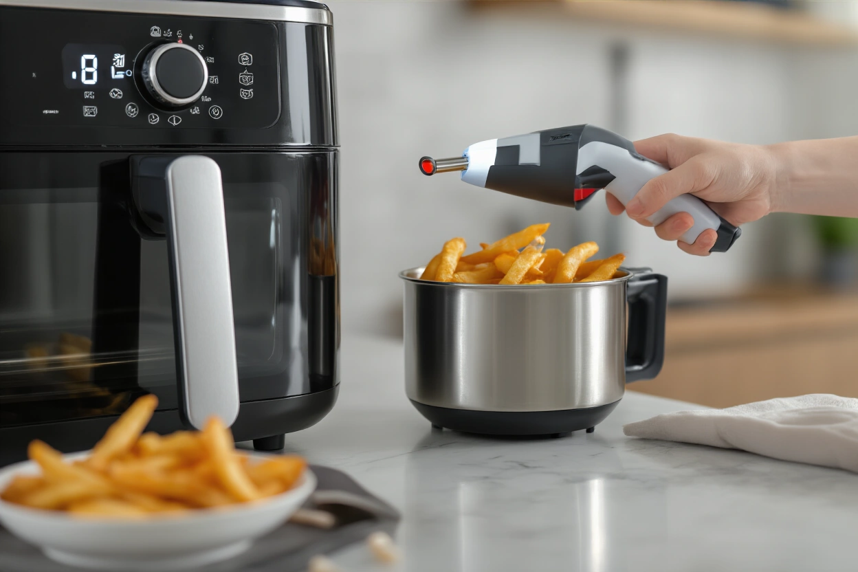 Infrared thermometer aimed at a shiny air fryer interior surface