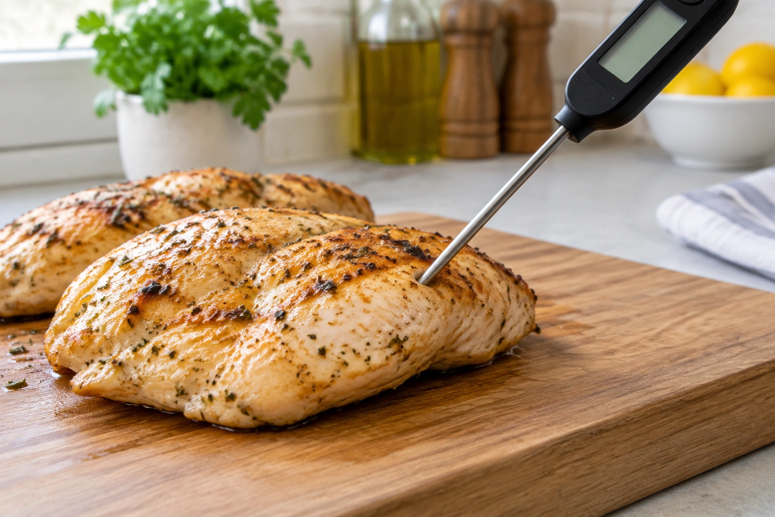 Close-up of an instant-read thermometer inserted into the thickest part of cooked chicken without touching bone.