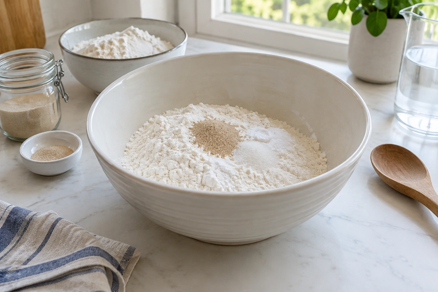 Dry ingredients and instant yeast in a mixing bowl on a kitchen counter