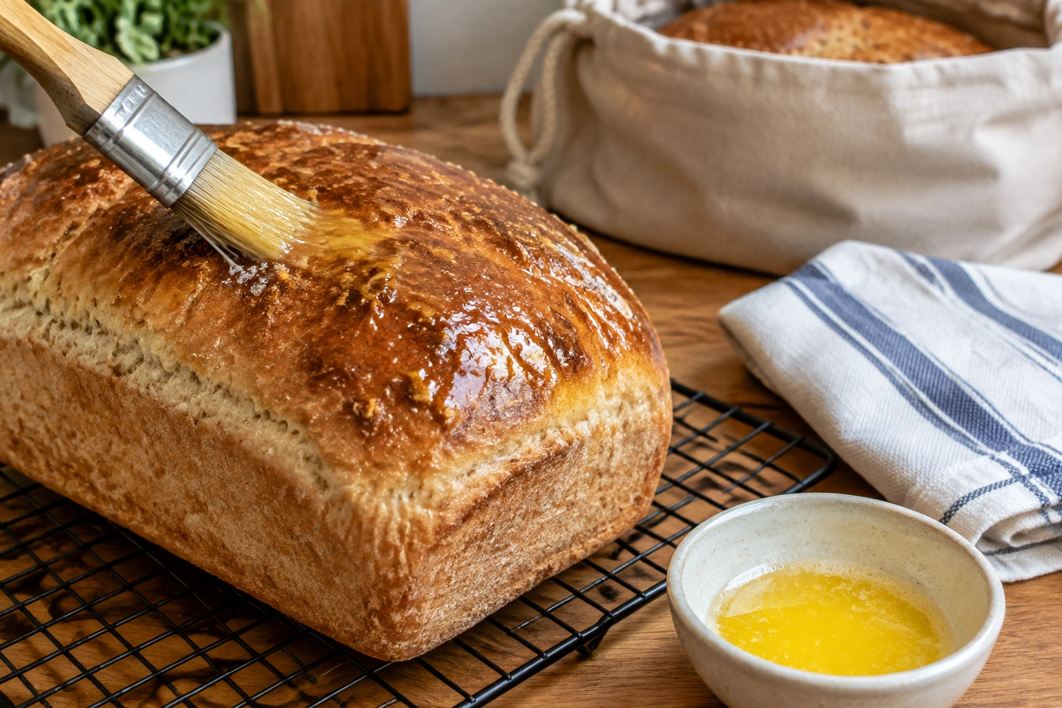 Fresh bread being brushed with melted butter beside a bread bag