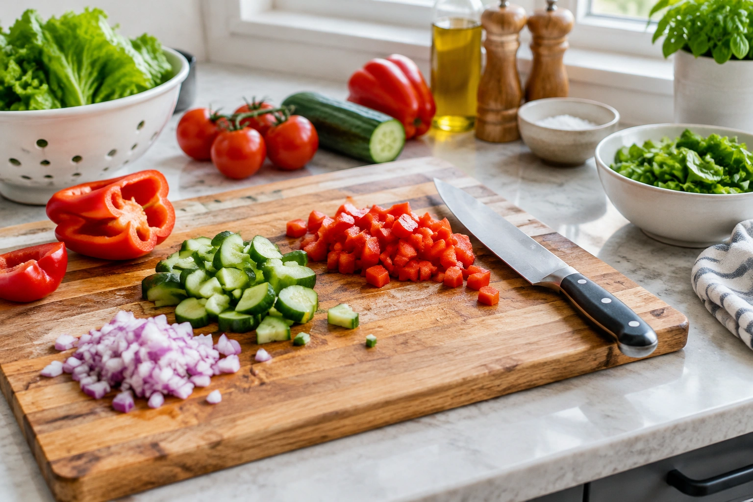 A wooden cutting board with a chef knife and vegetables
