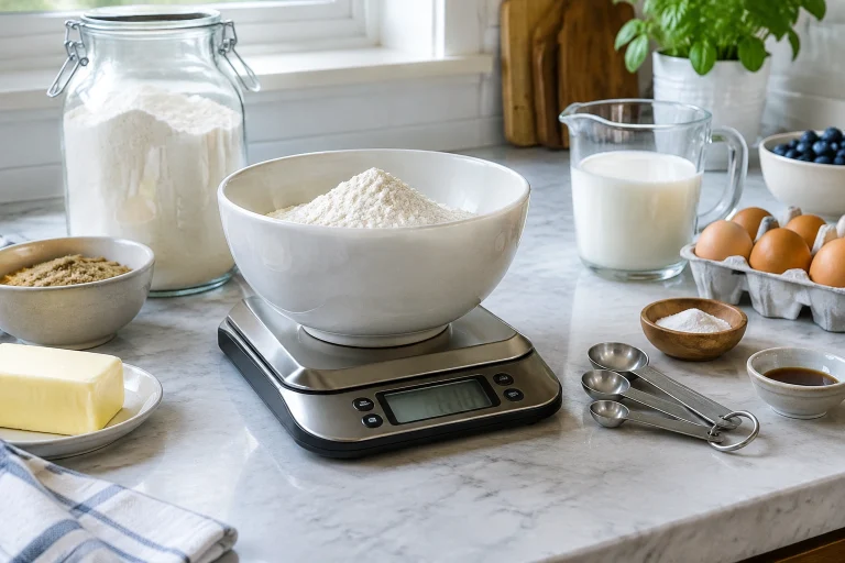 Digital kitchen scale with baking ingredients on a counter
