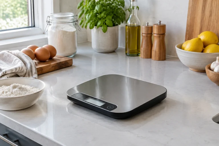 A digital kitchen scale on a clean, hard countertop