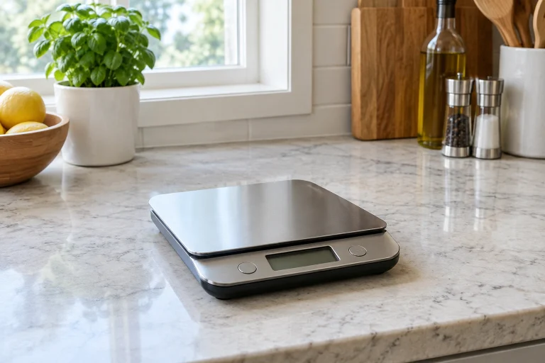 Digital kitchen scale on a level countertop